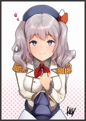 Rule 34 | 1boy, 1girl, admiral (kancolle), beret, blue eyes, blue necktie, breasts, clenched hand, closed mouth, collared shirt, epaulettes, grey hair, grey shirt, hat, heart, heart-shaped pupils, jacket, kantai collection, kashima (kancolle), large breasts, long hair, looking up, military jacket, neckerchief, necktie, necktie grab, neckwear grab, pov, red neckerchief, resolution mismatch, shirt, signature, simple background, skirt, source larger, symbol-shaped pupils, tadokoro nurikabe, twintails, white jacket