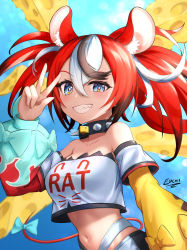 1girl animal_ears asymmetrical_sleeves blue_eyes bow collar detached_sleeves edchi grin hakos_baelz highres hololive hololive_english midriff mouse_ears mouse_tail multicolored_hair navel red_hair sharp_teeth shirt signature smile spiked_collar spikes strapless strapless_shirt tail tail_bow tail_ornament teeth v virtual_youtuber