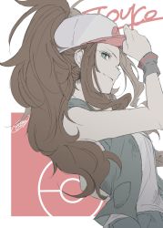 Rule 34 | 1girl, baseball cap, bright pupils, brown hair, character name, closed mouth, commentary request, creatures (company), eyelashes, from side, game freak, gopan (pkghnman), grey vest, hand on headwear, hand up, hat, high ponytail, highres, hilda (pokemon), long hair, nintendo, open clothes, open vest, poke ball symbol, pokemon, pokemon bw, shirt, sidelocks, signature, sleeveless, sleeveless shirt, smile, solo, vest, wristband