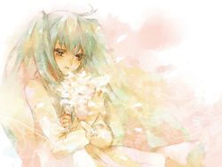 Rule 34 | 1girl, ahoge, alternate costume, ameiro, aqua eyes, aqua hair, bad id, bad pixiv id, bouquet, dress, eyelashes, flower, frown, hatsune miku, holding, holding flower, long hair, long sleeves, petals, solo, twintails, upper body, very long hair, vocaloid, white flower, wind