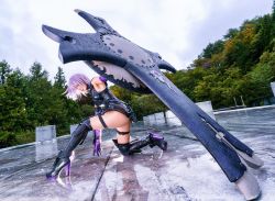 Rule 34 | 1girl, ankle boots, armor, armored dress, armpits, ass, bare shoulders, black dress, black footwear, black thighhighs, boots, breasts, closed mouth, cloud, cloudy sky, commentary, cosplay, cosplay photo, day, dress, dutch angle, fate/grand order, fate (series), high heel boots, high heels, highres, holding, looking at viewer, mash kyrielight, mash kyrielight (cosplay), medium breasts, on one knee, outdoors, photo (medium), pink hair, purple eyes, reflective floor, shield, short hair, sky, sleeveless, sleeveless dress, solo, splashing, swimsuit, thigh strap, thighhighs, thighs, water, water drop, wet