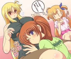 Rule 34 | 3girls, blonde hair, blue eyes, blue ribbon, blush, breasts, brown hair, cookie, couch, couple, family, fate testarossa, food, hair ornament, hair ribbon, large breasts, legs, long hair, looking at another, lyrical nanoha, mahou shoujo lyrical nanoha, mahou shoujo lyrical nanoha strikers, mahou shoujo lyrical nanoha vivid, mother and daughter, multiple girls, red eyes, ribbon, side ponytail, simple background, sitting, surprised, sweater, takamachi nanoha, thighs, translation request, two-tone background, very long hair, vivio, yuri