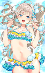 Rule 34 | 1girl, :d, ahoge, bare arms, bare shoulders, bikini, blue background, blue eyes, blush, breasts, brown hair, cleavage, collarbone, cowboy shot, fingernails, frilled bikini, frills, hair ornament, hairclip, halterneck, hands up, highres, layered bikini, long hair, looking at viewer, medium breasts, multicolored bikini, multicolored clothes, navel, okanoyuno, open mouth, original, pom pom (clothes), side ponytail, signature, smile, solo, stomach, swept bangs, swimsuit, very long hair, w arms, wristband, x hair ornament
