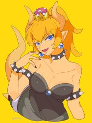 Rule 34 | 1girl, armlet, bare shoulders, blonde hair, blue eyes, bowsette, bracelet, breasts, collar, crown, dress, highres, horns, jewelry, large breasts, long hair, looking at viewer, mario (series), new super mario bros. u deluxe, nintendo, ponytail, simple background, smile, solo, spiked armlet, spiked bracelet, spiked collar, spikes, super crown, thick eyebrows, yasaikakiage