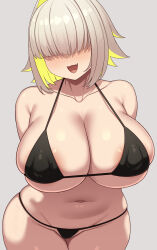 Rule 34 | 1girl, :3, arms behind back, bikini, black bikini, blonde hair, blush, breasts, cameltoe, cleavage, collarbone, commentary request, covered erect nipples, cowboy shot, elegg (nikke), fang, goddess of victory: nikke, grey background, hair over eyes, head tilt, highres, huge breasts, long bangs, medium hair, multicolored hair, navel, open mouth, paid reward available, samegami, simple background, solo, string bikini, swimsuit, thick thighs, thighs, two-tone hair