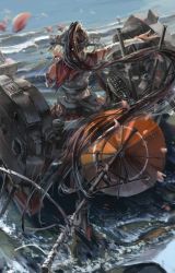 Rule 34 | 10s, 1girl, abstract, back, blurry, brown hair, cannon, cherry blossoms, depth of field, detached sleeves, floating hair, from above, from behind, headgear, kantai collection, long hair, machinery, ocean, oil-paper umbrella, outdoors, outstretched arm, petals, pleated skirt, ponytail, rudder footwear, skirt, solo, stu dts, tassel, turret, umbrella, very long hair, walking, walking on liquid, wind, yamato (kancolle)