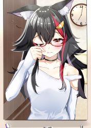 Rule 34 | 1girl, absurdres, alternate costume, animal ears, black hair, blush, clock, collarbone, commentary request, glasses, hair between eyes, hair ornament, hairclip, highres, hololive, long hair, looking at mirror, mirror, ookami mio, ookami mio (casual), solo, virtual youtuber, waking up, wolf ears