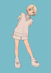 Rule 34 | 1girl, absurdres, aqua eyes, aqua hair, arms behind back, blonde hair, blue background, commentary request, cross-laced footwear, dot nose, full body, hawaiian shirt, high tops, highres, leaning to the side, looking at viewer, mashiro ka, multicolored hair, original, parted lips, shirt, shirt under sweater, shoes, short hair, shorts, simple background, sneakers, socks, solo, standing, streaked hair, sweater vest, teeth, white footwear, white shorts, white socks, white sweater vest