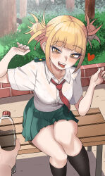 Rule 34 | 1girl, 1other, absurdres, bags under eyes, bench, blonde hair, boku no hero academia, bottle, collared shirt, day, double bun, fangs, green skirt, hair bun, hands up, heart, highres, kneehighs, narrowed eyes, necktie, open mouth, outdoors, pleated skirt, pov, pov hands, red necktie, school uniform, shirt, shirt tucked in, sitting, skirt, slit pupils, socks, solo focus, toga himiko, tongue, tongue out, u.a. school uniform, water bottle, white shirt, yellow eyes, zd (pixiv6210083)