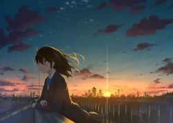 Rule 34 | 1girl, ahoge, backlighting, black hair, black skirt, blazer, blue bow, blue bowtie, blue jacket, blush, bow, bowtie, breasts, brown eyes, city, city lights, cityscape, cloud, cloudy sky, collared shirt, commentary request, diffraction spikes, evening, floating hair, gamyuu (gamyu), gradient sky, hair between eyes, jacket, leaning forward, long hair, long sleeves, looking to the side, miniskirt, original, outdoors, overpass, parted lips, pleated skirt, railing, scenery, school uniform, shirt, sidelocks, skirt, sky, skyline, solo, sun, sunset, tree, white shirt, wind, wing collar