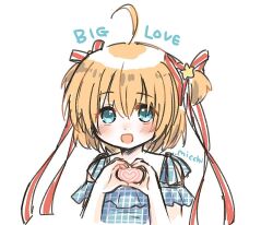 Rule 34 | 1girl, :d, ahoge, alternate costume, aqua eyes, artist name, blonde hair, blue shirt, blush, casual, commentary, english text, hair between eyes, hair ornament, hair ribbon, hands up, happy, heart, heart hands, kamikita komari, little busters!, long ribbon, looking at viewer, micchi (koto maple), open mouth, plaid, plaid shirt, red ribbon, ribbon, shirt, short hair, short sleeves, simple background, sketch, smile, solo, star (symbol), star hair ornament, two side up, upper body, white background