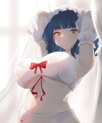 Rule 34 | 1girl, absurdres, armpits, arms behind head, bad id, bad pixiv id, between breasts, blue hair, blunt bangs, blush, bow, bra, breasts, closed mouth, curtains, detached sleeves, frills, garter belt, highres, lace, lace-trimmed bra, lace trim, large breasts, lingerie, long hair, looking at viewer, maid headdress, navel, nijisanji, nude, raeran, red bow, red ribbon, ribbon, solo, underwear, virtual youtuber, white bra, yamagami karuta, yellow eyes