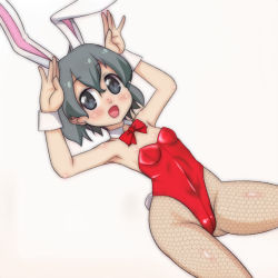Rule 34 | animal ears, black eyes, bow, bowtie, breasts, commentary request, cowboy shot, detached collar, fake animal ears, fishnet pantyhose, fishnets, grey hair, kaban (kemono friends), kemono friends, leotard, looking at viewer, pantyhose, playboy bunny, rabbit ears, rabbit pose, rabbit tail, red leotard, simple background, small breasts, smile, solo, strapless, strapless leotard, t jiroo (ringofriend), tail, white background, wrist cuffs