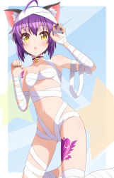 Rule 34 | 1girl, :o, ahoge, animal ears, bandages, bell, black nails, blush, breasts, bunny1219, cat ears, cleavage, highres, looking at viewer, nail polish, naked bandage, navel, neck bell, open mouth, paw pose, purple hair, short hair, small breasts, solo, tattoo, yellow eyes
