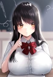 Rule 34 | 1girl, ?, black hair, blush, bow, breast rest, breasts, breasts on table, button gap, commentary request, finger to mouth, highres, large breasts, mogami kouji, original, school, school uniform, short sleeves, sleeve, solo, thought bubble, yellow eyes