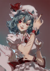 Rule 34 | 1girl, \\n/, aged up, backlighting, blood, blood on arm, blood on hands, blue background, blue hair, breasts, brooch, brown background, chromatic aberration, clothes lift, collared dress, cuts, double m/, dress, dress lift, fang, fang out, fingernails, frills, gradient background, grey hat, grin, hair between eyes, half-closed eye, hat, hat ribbon, head tilt, highres, injury, jewelry, looking at viewer, m/, maroon background, mob cap, nail polish, pink dress, puffy short sleeves, puffy sleeves, red eyes, red lips, red nails, remilia scarlet, ribbon, short hair, short sleeves, shoujowamitsubachi, simple background, slit pupils, small breasts, smile, solo, teeth, torn clothes, torn dress, torn hat, torn sleeves, touhou, tsuki ni kawatte oshioki yo, uneven eyes, wrist cuffs