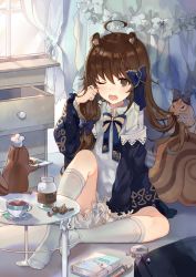 Rule 34 | 1girl, ahoge, animal, animal ear fluff, animal ears, bad id, bad twitter id, black jacket, blue bow, blush, book, bottle, bow, braid, brown eyes, brown hair, chef hat, chest of drawers, collared dress, curtains, daredattakke, dress, drooling, frilled skirt, frills, hair bow, hat, holding, indoors, jacket, knee up, kneehighs, long hair, long sleeves, no shoes, off shoulder, on floor, one eye closed, open clothes, open jacket, open mouth, original, pencil, sitting, skirt, sleeves past wrists, socks, solo, squirrel, squirrel ears, squirrel girl, squirrel tail, tail, tears, toque blanche, transparent, very long hair, white bow, white dress, white socks, window