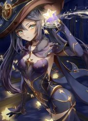 Rule 34 | 1girl, black gloves, clothing cutout, covered navel, detached sleeves, genshin impact, gloves, green eyes, hat, highres, long hair, looking at viewer, mona (genshin impact), mona (pact of stars and moon) (genshin impact), purple hair, twintails, una kamra, witch hat
