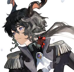 Rule 34 | 1boy, animal ears, arknights, ascot, black hair, commentary request, crying, ebenholz (arknights), epaulettes, from side, goat boy, goat ears, goat horns, hair between eyes, highres, horns, long hair, male focus, ponytail, portrait, purple eyes, simple background, solo, tears, uniform, white ascot, white background, yomotobi