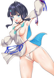 Rule 34 | 1girl, arm up, armpits, bare shoulders, black hair, blue eyes, blue ribbon, blush, breasts, cleavage, collarbone, dress, fate/grand order, fate/requiem, fate (series), fundoshi, japanese clothes, jewelry, large breasts, long sleeves, looking at viewer, magatama, magatama hair ornament, medium hair, multicolored hair, necklace, open mouth, pelvic curtain, photoshop (medium), pink hair, puffy long sleeves, puffy sleeves, ribbon, seigaiha, shima-shuu, short dress, sideboob, sideless outfit, simple background, streaked hair, thighs, utsumi erice, wedgie, white background, white dress