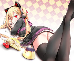 Rule 34 | 1girl, animal ear headphones, animal ears, ass, azur lane, black thighhighs, blonde hair, blush, breasts, cake, candy, cat ear headphones, cherry, commentary request, concord (azur lane), crossed ankles, fake animal ears, fang, feet, feet up, fine fabric emphasis, food, fruit, hair between eyes, hair ribbon, headphones, hood, hood down, hooded jacket, jacket, long hair, long sleeves, looking back, lying, medium breasts, mole, mole under eye, mouth hold, no shoes, on stomach, oouso, open clothes, open jacket, pleated skirt, pudding, red eyes, red ribbon, ribbon, sidelocks, skirt, solo, star-shaped pupils, star (symbol), symbol-shaped pupils, thighhighs, thighs, toes, twintails, twitter username, v, white skirt