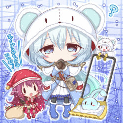 Rule 34 | 2girls, :&lt;, :3, :d, ?, animal hood, argyle, argyle clothes, argyle scarf, bag, bear hood, beige legwear, bell, black legwear, blue bow, blue coat, blue eyes, blue footwear, blush, boots, bow, brown mittens, capelet, chibi, closed mouth, coat, colored skin, commentary request, creature, detached sleeves, dress, fang, fur-trimmed boots, fur-trimmed capelet, fur-trimmed sleeves, fur trim, gloves, hair between eyes, hair flaps, hat, head tilt, holding, holding sack, hood, jingle bell, komakoma (magicaltale), long hair, long sleeves, looking at viewer, messenger bag, mittens, multiple girls, ole tower, open mouth, pantyhose, pigeon-toed, pleated dress, purple hair, red footwear, red hat, red shirt, sack, santa hat, scarf, shirt, shoulder bag, silver hair, skirt, sleeveless, sleeveless shirt, small snowplow (ole tower), smile, snow, snow scoop, snow scoop (ole tower), solid oval eyes, thighhighs, translation request, very long hair, white capelet, white dress, white gloves, white skin, white skirt, yellow footwear, yellow gloves