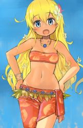 Rule 34 | 1girl, :o, bandeau, blonde hair, blue background, blue eyes, bracelet, breasts, cleavage, fangs, flower, gradient background, hair flower, hair ornament, hands on own hips, jewelry, long hair, navel, necklace, nijitama shiyushiyu, open mouth, original, small breasts, smile, solo, swimsuit, tahiti girl, tan, tanline