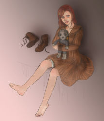 Rule 34 | 1girl, bandages, barefoot, blue eyes, boots, unworn boots, breasts, brown dress, diana (rule of rose), dress, feet, long hair, on bed, red hair, rule of rose, shoes, unworn shoes, sitting, smile, solo