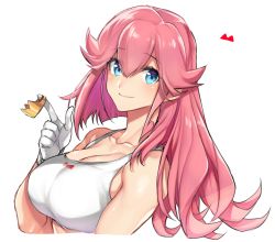 Rule 34 | 1girl, aina ardebit, bare shoulders, blue eyes, breasts, cleavage, collarbone, commentary request, crop top, cropped torso, crown, gloves, hair between eyes, large breasts, long hair, looking at viewer, pink hair, promare, simple background, smile, solo, takatsuki ichi, tank top, upper body, white background, white gloves, white tank top