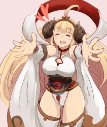 Rule 34 | 1girl, ahoge, alternate costume, andira (granblue fantasy), andira (granblue fantasy) (cosplay), anila (granblue fantasy), bare shoulders, blush, breasts, cleavage, closed mouth, cosplay, detached sleeves, draph, granblue fantasy, hairband, heart, horns, large breasts, long hair, open mouth, outstretched arms, shousetsu, simple background, smile, solo, teeth, thighhighs, very long hair, wide sleeves