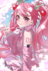 Rule 34 | 1girl, arm tattoo, azusa (azunyan12), blush, breasts, cherry blossoms, cherry hair ornament, detached sleeves, eyebrows hidden by hair, food-themed hair ornament, hair behind ear, hair ornament, hatsune miku, highres, medium breasts, pink eyes, pink hair, pink shirt, pink skirt, sakura miku, shirt, skirt, sky, sleeveless, sleeveless shirt, smile, solo, tattoo, twintails, v, vocaloid
