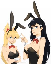 Rule 34 | 2girls, absurdres, alternate costume, animal ears, artist name, black hair, black leotard, blonde hair, blue eyes, bow, bowtie, breasts, burn the witch, cleavage, closed mouth, collaboration, commentary, crossed arms, detached collar, english commentary, fake animal ears, fox shadow puppet, green eyes, hair between eyes, hand up, highres, large breasts, leotard, long hair, medium breasts, multiple girls, niihashi noel, ninny spangcole, playboy bunny, rabbit ears, rakusakugk, red bow, red bowtie, smile, stayaliveplz, white background, white wrist cuffs, wrist cuffs