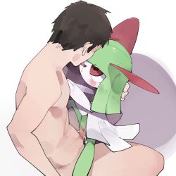 Rule 34 | 1boy, 1girl, blush, brown hair, colored skin, creatures (company), cum, cum in pussy, drooling, ejaculation, french kiss, from above, game freak, gen 3 pokemon, green hair, green skin, hand on another&#039;s head, hetero, highres, interspecies, kirlia, kiss, multicolored skin, nintendo, nude, open mouth, penis, pokemon, pokemon (creature), pokephilia, pussy, red eyes, saliva, sex, short hair, simple background, size difference, straddling, tongue, tongue out, two-tone skin, uncensored, upright straddle, vaginal, white background, white skin, youjo modoki