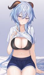 Rule 34 | 1girl, :o, bed sheet, black bra, blue hair, blush, bra, breasts, cleavage, clothes lift, curled horns, ganyu (genshin impact), genshin impact, goat horns, gym shorts, highres, horns, large breasts, lifted by self, long hair, navel, no ahoge, o-los, parted lips, purple eyes, shirt, shirt lift, short shorts, shorts, sitting, solo, stomach, t-shirt, thighs, underwear, very long hair, white shirt