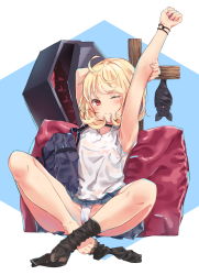 Rule 34 | 1girl, agnamore, ahoge, animal, arms up, asymmetrical legwear, bad id, bad pixiv id, bag, bat (animal), black choker, black socks, blonde hair, blue background, blue skirt, blush, choker, closed mouth, coffee, commentary request, crossed ankles, fang, fang out, feet, fingernails, head tilt, highres, kneehighs, kneehighs pull, legs, nail polish, no shoes, one eye closed, original, panties, pillow, pink nails, pleated skirt, school bag, shirt, short sleeves, sitting, skirt, socks, solo, stretching, tears, two-tone background, underwear, uneven legwear, vampire, white background, white panties, white shirt