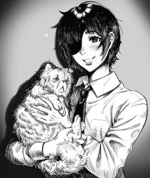 Rule 34 | 1girl, aa2mee, animal, black hair, black necktie, cat, chainsaw man, eyepatch, formal, hatching (texture), heart, highres, himeno (chainsaw man), holding, holding animal, holding cat, monochrome, necktie, shirt, short hair, simple background, smile, suit, vignetting, white shirt
