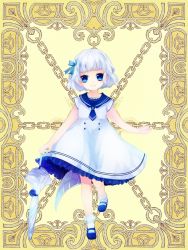 Rule 34 | 1girl, artist request, blue eyes, blue hair, chain, character request, closed umbrella, dress, full body, kerberos blade, looking at viewer, mary janes, matching hair/eyes, shoes, short hair, smile, solo, standing, standing on one leg, umbrella, yellow background