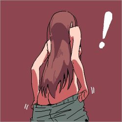 Rule 34 | !, 1girl, ammonio, ass, brown hair, dressing, from behind, long hair, lowres, original, shorts, solo