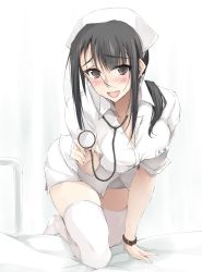 Rule 34 | 1girl, :d, black hair, blush, breasts, brown eyes, hat, highres, kitano (zekkyon), large breasts, looking at viewer, name tag, nurse, nurse cap, on bed, open mouth, original, ponytail, smile, solo, stethoscope, thighhighs, watch, white thighhighs, wristwatch, zekkyon