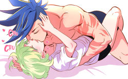 Rule 34 | 2boys, asymmetrical hair, bhh4321, blue hair, blush, closed eyes, galo thymos, grabbing another&#039;s hair, green hair, heart, lio fotia, male focus, multiple boys, on bed, promare, sidecut, simple background, smile, sound effects, spiked hair, undercut, white background, yaoi
