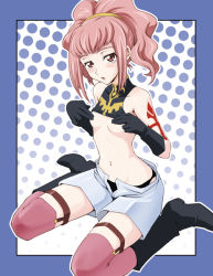 Rule 34 | 00s, anya alstreim, black panties, blush, boots, clothes lift, code geass, covering privates, covering breasts, flat chest, gloves, long hair, mutsuki ginji, panties, pink eyes, pink hair, red eyes, shirt lift, shorts, solo, tank top, tattoo, thighhighs, underwear