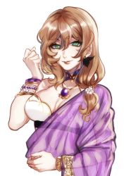 Rule 34 | 1girl, alternate costume, araimin, beads, bracelet, breasts, brown hair, cleavage, clenched hand, closed mouth, earrings, flower, genshin impact, green eyes, hair between eyes, hair flower, hair ornament, highres, indian clothes, jewelry, lisa (genshin impact), looking at viewer, medium hair, sari, see-through, simple background, solo, white background, wristband