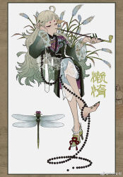 Rule 34 | 1girl, ahoge, beads, black dress, black eyeshadow, black sleeves, blon, blue shorts, bug, capelet, chinese clothes, chinese commentary, chinese text, closed eyes, collared dress, commentary request, creature and personification, crossed legs, dragonfly, dress, eyeshadow, fingernails, footwear ribbon, green footwear, green nails, hand on own head, head wings, high heels, holding, holding smoking pipe, humanization, insect, jewelry, light blush, long fingernails, long hair, long sleeves, makeup, multiple rings, nail polish, original, plant, purple capelet, red ribbon, ribbon, ring, sample watermark, sanfen wangxiang, shoes, shorts, simple background, single ankle cuff, single barefoot, single shoe, sitting, smoking, smoking pipe, solo, toenail polish, toenails, very long hair, watermark, weibo logo, weibo watermark, white background, wide sleeves, wings