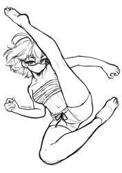 Rule 34 | 1girl, abs, absurdres, barefoot, chest sarashi, flying kick, glasses, greyscale, highres, kicking, looking at viewer, medium hair, mizuo ichinose (temachii), monochrome, navel, original, parted lips, sarashi, shorts, simple background, solo, temachii, white background