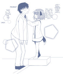 Rule 34 | 1boy, 1girl, age difference, animal ears, blush, coat, dog ears, dog tail, dressing, faceless, faceless male, hard-translated, height difference, jacket, kasodani kyouko, kazawa (tonzura-d), leaning forward, monochrome, necktie, short hair, skirt, pants, socks, standing on object, tail, tears, third-party edit, touhou, translated