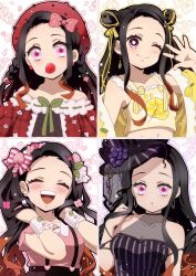 Rule 34 | 1girl, alternate costume, alternate hairstyle, bare shoulders, beret, black hair, bow, breasts, closed mouth, crop top, dress, earrings, food, fruit, hair bow, hair ornament, hat, highres, jewelry, kamado nezuko, kimetsu no yaiba, lemon, long hair, looking at viewer, medium breasts, midriff, mouth hold, multicolored hair, off shoulder, one eye closed, open mouth, orange hair, pink eyes, pink shirt, pori (kmt pori), red headwear, ribbon, shirt, smile, stomach, strawberry, teeth, tongue, top hat, yellow shirt