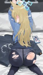 Rule 34 | 1girl, ass, black pantyhose, blonde hair, blue archive, blue shirt, blush, cellphone, cuffs, feet out of frame, from behind, fubuki (blue archive), handcuffs, highres, hood (james x), kanna (blue archive), long hair, long sleeves, panties, panties under pantyhose, pantyhose, phone, shirt, slap mark, smartphone, solo, torn clothes, torn pantyhose, underwear
