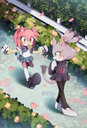 Rule 34 | 2girls, alternate costume, amy rose, animal ears, black pantyhose, blaze the cat, blush, bread slice, cat ears, cat tail, falling petals, food, food in mouth, furry, furry female, gloves, hedgehog ears, highres, mouth hold, multiple girls, necktie, pantyhose, petals, red necktie, rellyia, school uniform, skirt, sonic (series), tail, toast, toast in mouth, watermark, white gloves