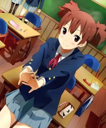 Rule 34 | 1girl, bad id, bad pixiv id, blazer, book, brown hair, case, chalkboard, classroom, cowboy shot, desk, glasses, own hands clasped, hatsumic, jacket, k-on!, outstretched arms, own hands together, pencil, red eyes, school, school uniform, short twintails, sitting, skirt, smile, solo, stretching, suzuki jun, twintails