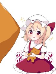 Rule 34 | + +, 1girl, blonde hair, blush, bow, collared shirt, crystal, eringi (rmrafrn), flandre scarlet, flapping, frilled skirt, frills, hair between eyes, hat, hat bow, hugging object, long hair, mob cap, one side up, parted lips, puffy short sleeves, puffy sleeves, red bow, red eyes, red skirt, red vest, shirt, short sleeves, simple background, skirt, solo, stuffed animal, stuffed toy, teddy bear, touhou, translation request, vest, white background, white hat, white shirt, wings